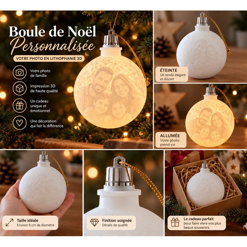 Boule de Noël Photo Personnalisée – Lithophanie 3D LED